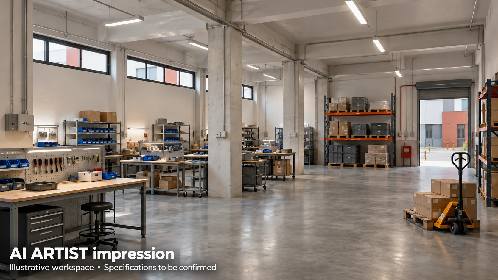 Industrial space · Working atmosphere — Fictional industrial AI concept, not Soilbuild project design